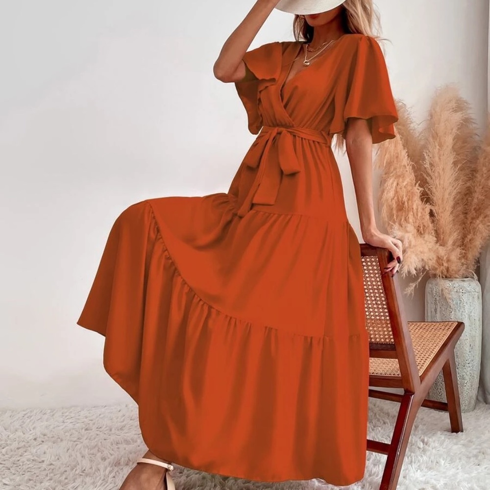 Boho Surplice Butterfly Sleeve Ruffle Maxi Dress - Picture 2 of 11